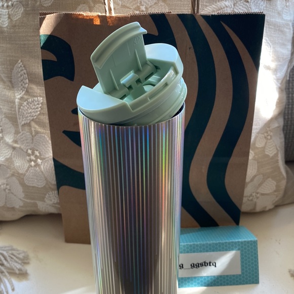 Iridescent Holographic stripes Stainless Steel Insulated Silver Mint Blue Top - Picture 7 of 10